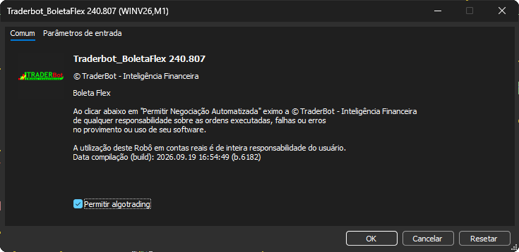 A aba Comum da janela da boleta, com Permitir algotrading marcado.