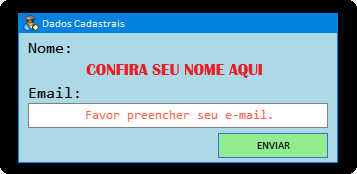 A janela Dados Cadastrais: o nome preenchido, o campo do e-mail e o botão Enviar.