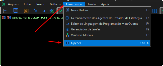 O menu Ferramentas do MetaTrader 5 com a opção Opções marcada.