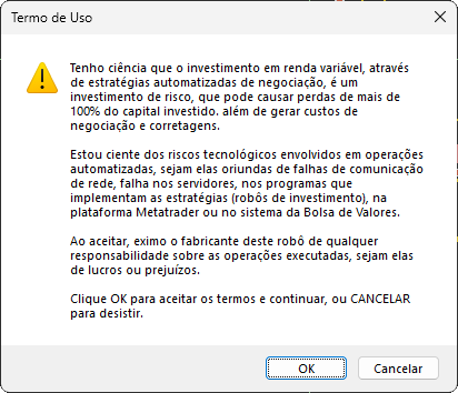 A janela do termo de uso, com os botões OK e Cancelar.